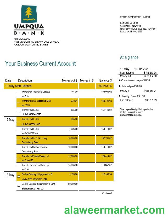 Umpqua Bank organization checking account statement Word and PDF template